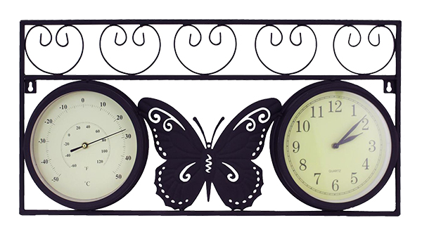 Black Metal Butterfly Wall Clock/ Thermometer